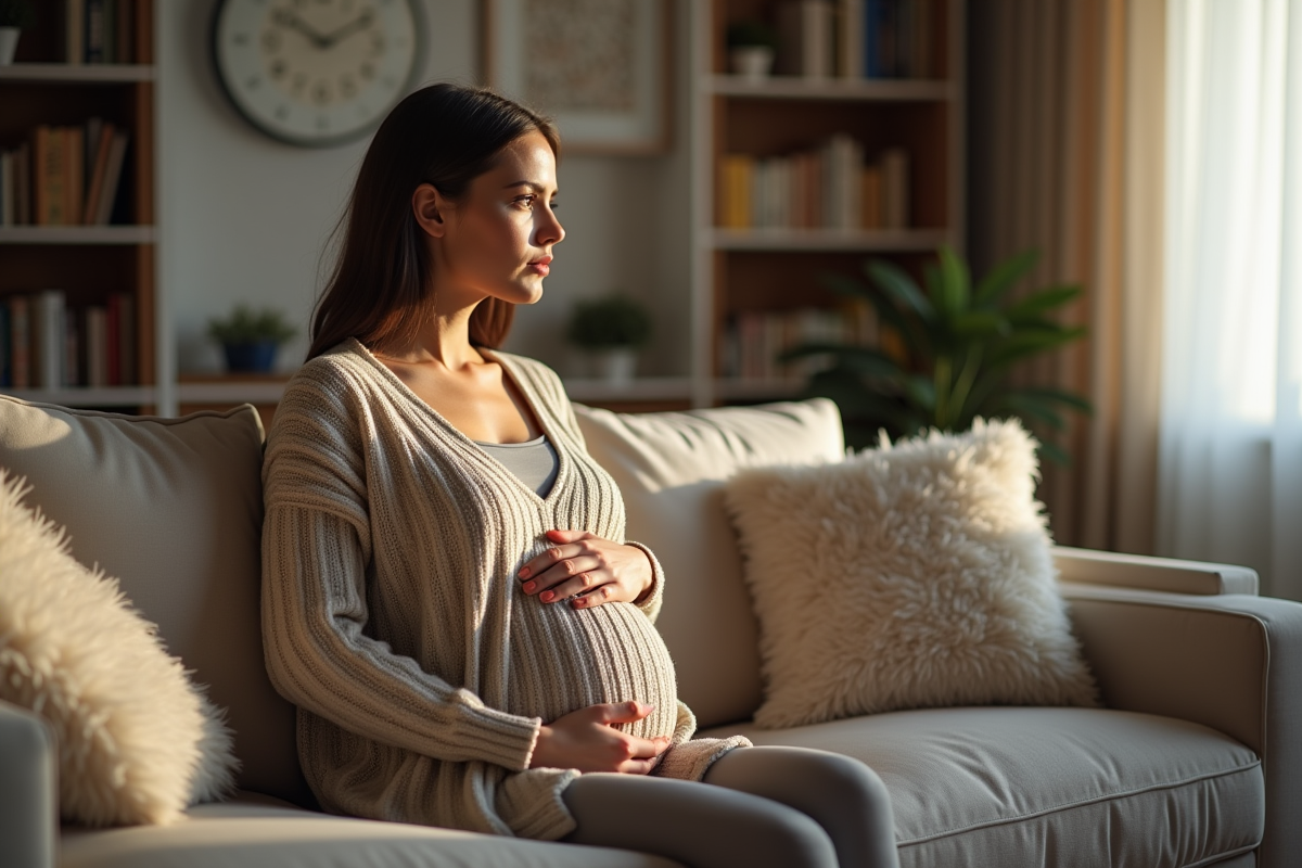 Femme enceinte assise sur un canapé dans un salon calme