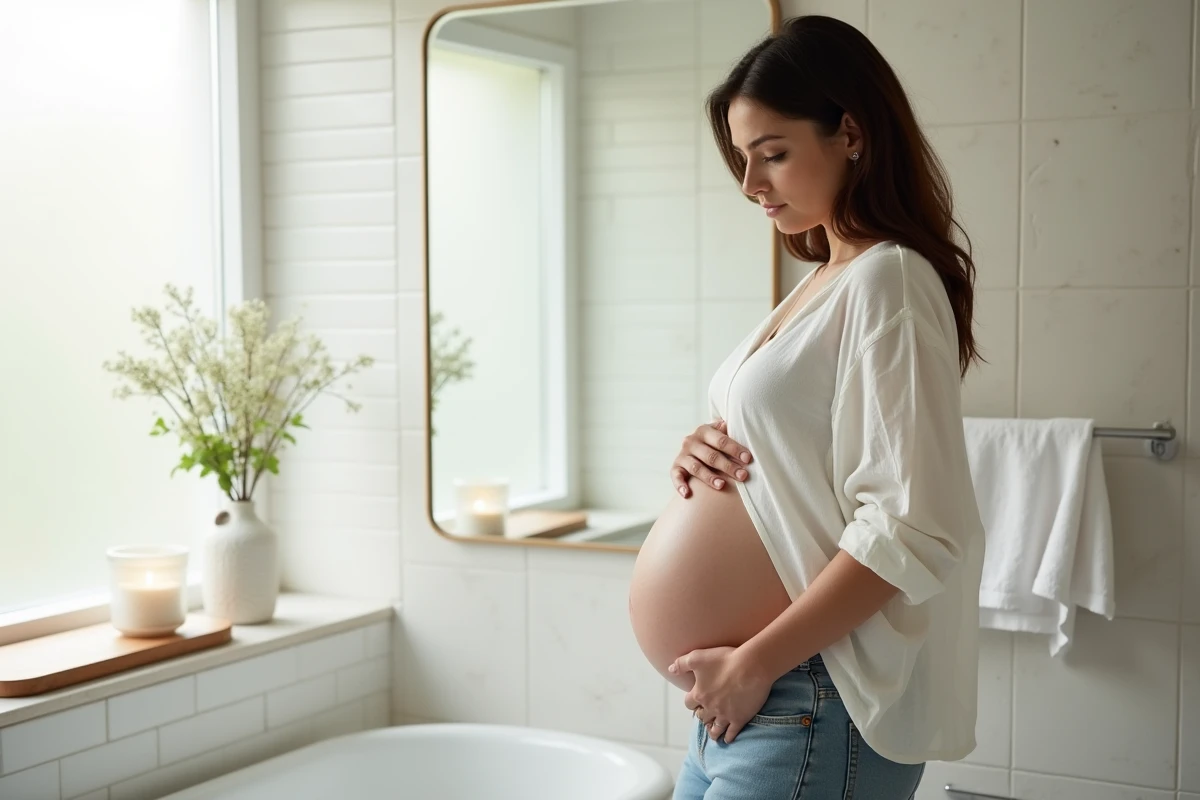 Femme enceinte appliquant un gel soulageant sur son dos contracté dans une salle de bain moderne
