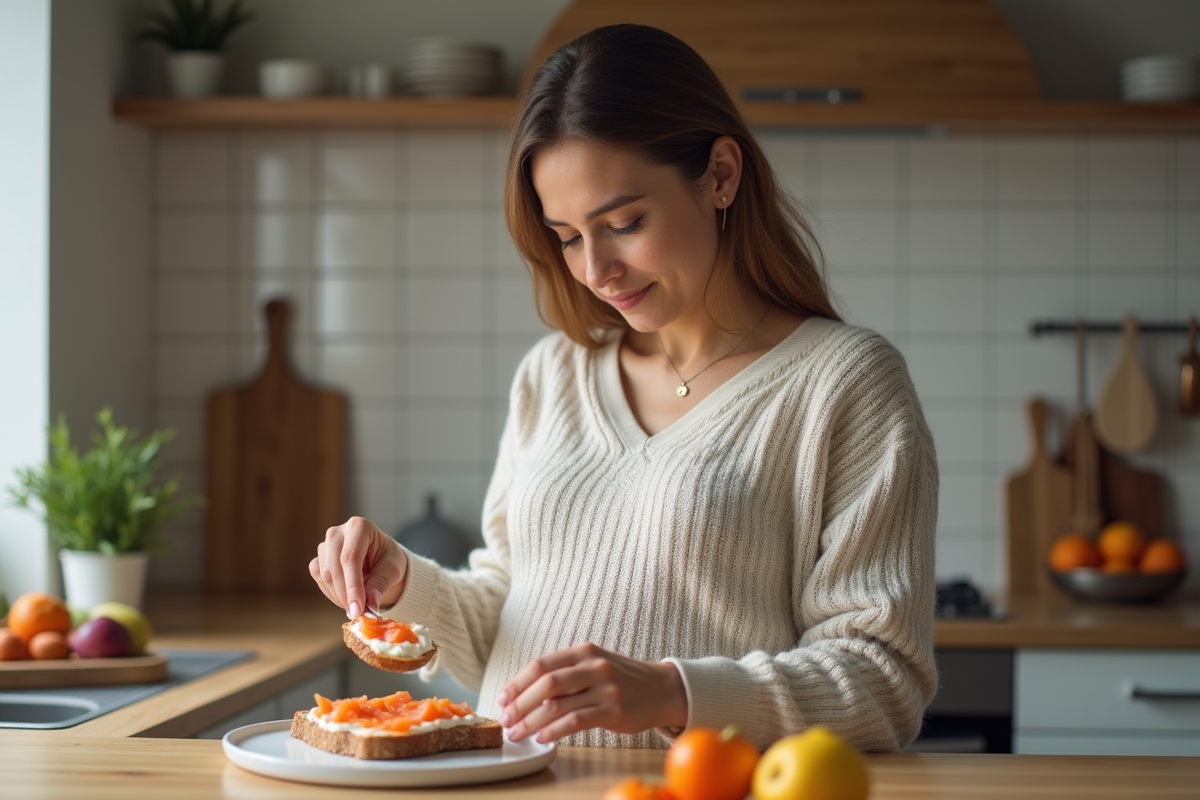 Femme enceinte préparant une tartine au saumon dans la cuisine