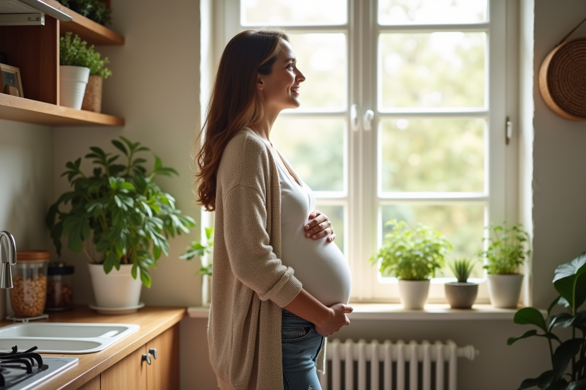 Femme enceinte regardant par la fenêtre dans la cuisine lumineuse