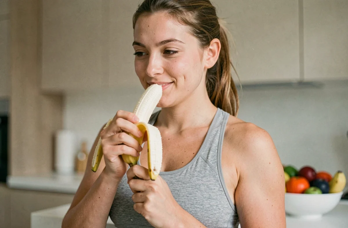 Femme qui épluche une banane dans une cuisine moderne, illustrant une collation saine et équilibrée