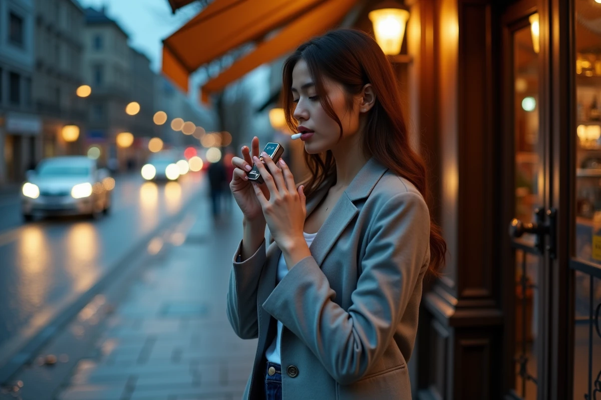 Femme utilisant un éthylotest numérique personnel devant un restaurant en soirée en milieu urbain