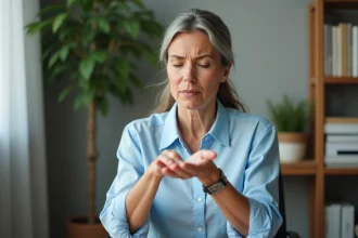 Femme examinant sa main dans un bureau cosy