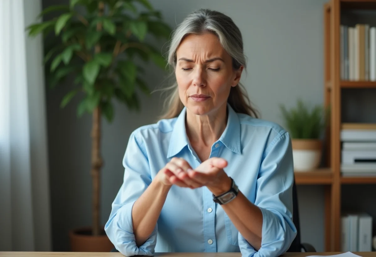 Femme examinant sa main dans un bureau cosy