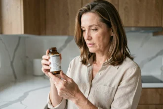 Femme d'âge mûr examinant un complément alimentaire Glucovit dans une cuisine moderne, avis consommateur