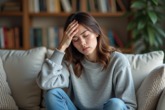 Femme en détente dans un salon cosy montrant fatigue