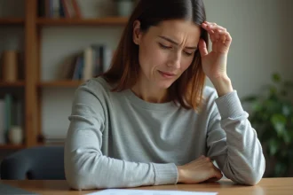 Femme tenant sa main droite engoourdie assise à un bureau en bois à domicile