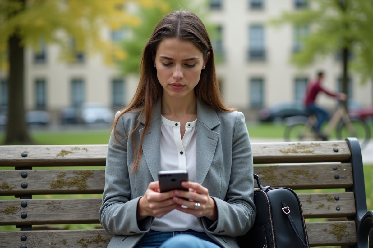 Jeune femme française frustrée sur son smartphone dans un parc