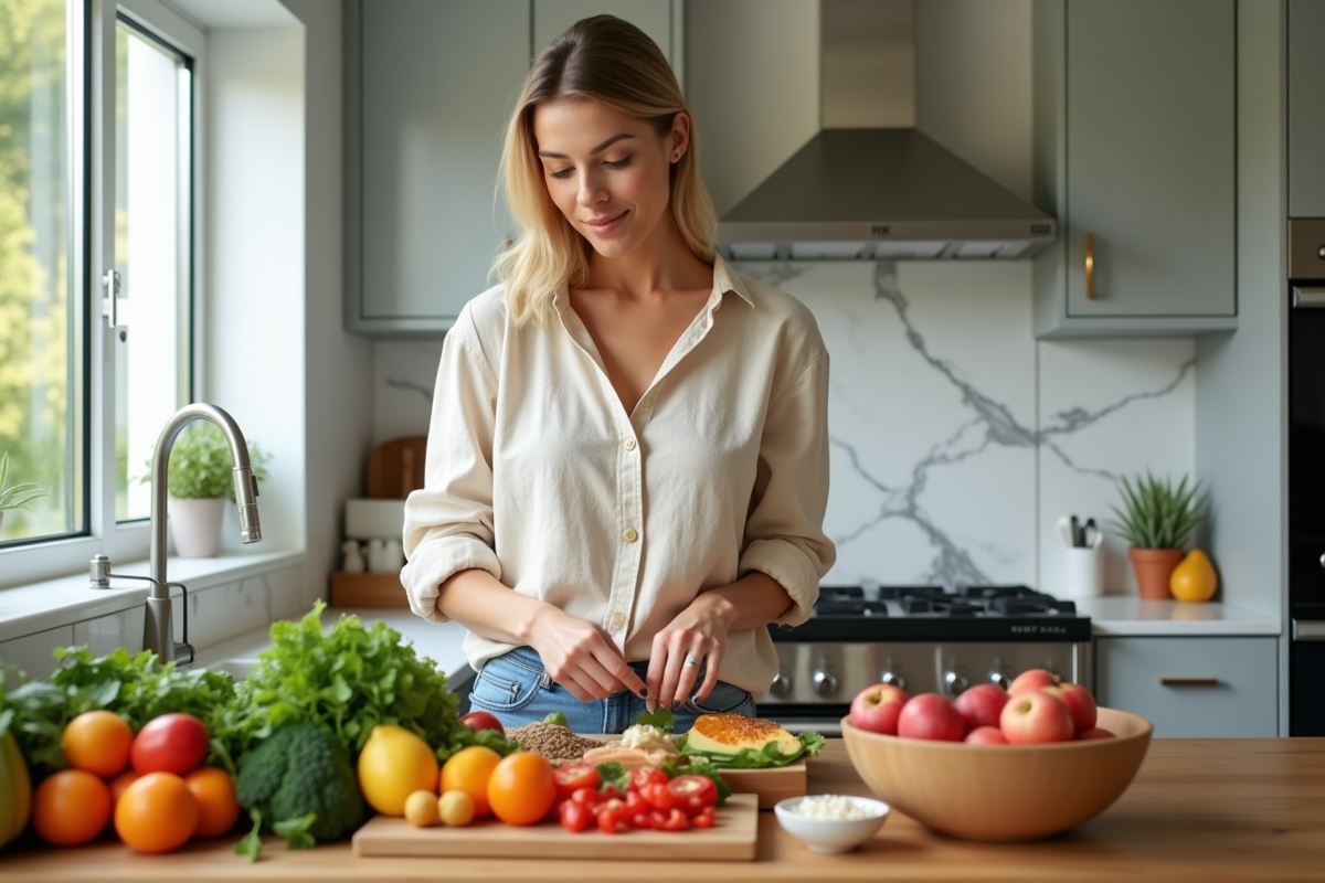 Femme arrangeant des fruits et légumes frais dans la cuisine