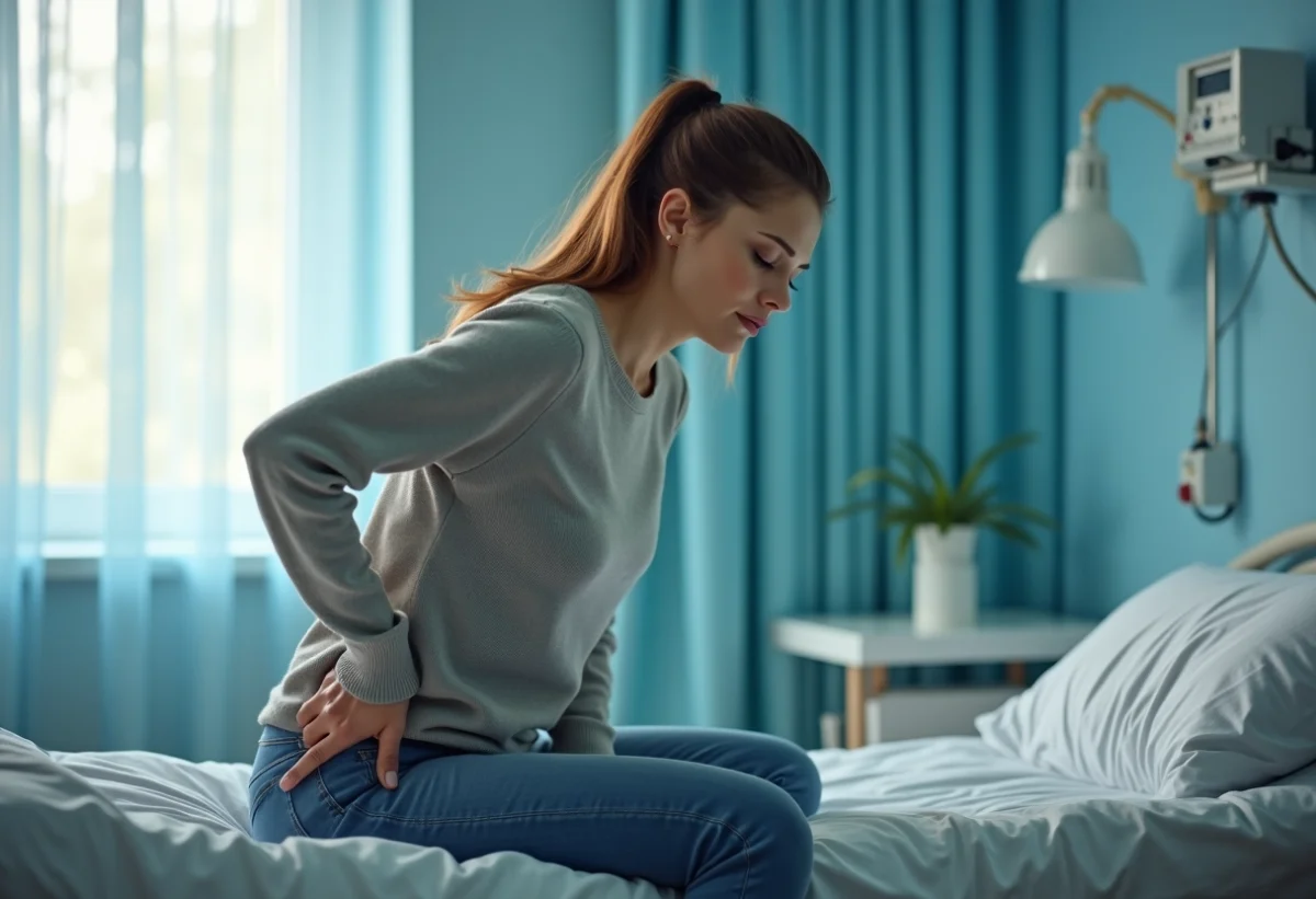 Femme d'une quarantaine assise sur un lit d'hôpital en réflexion