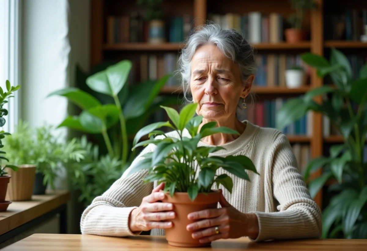 Femme d'âge moyen examinant une plante d'intérieur avec moisissure