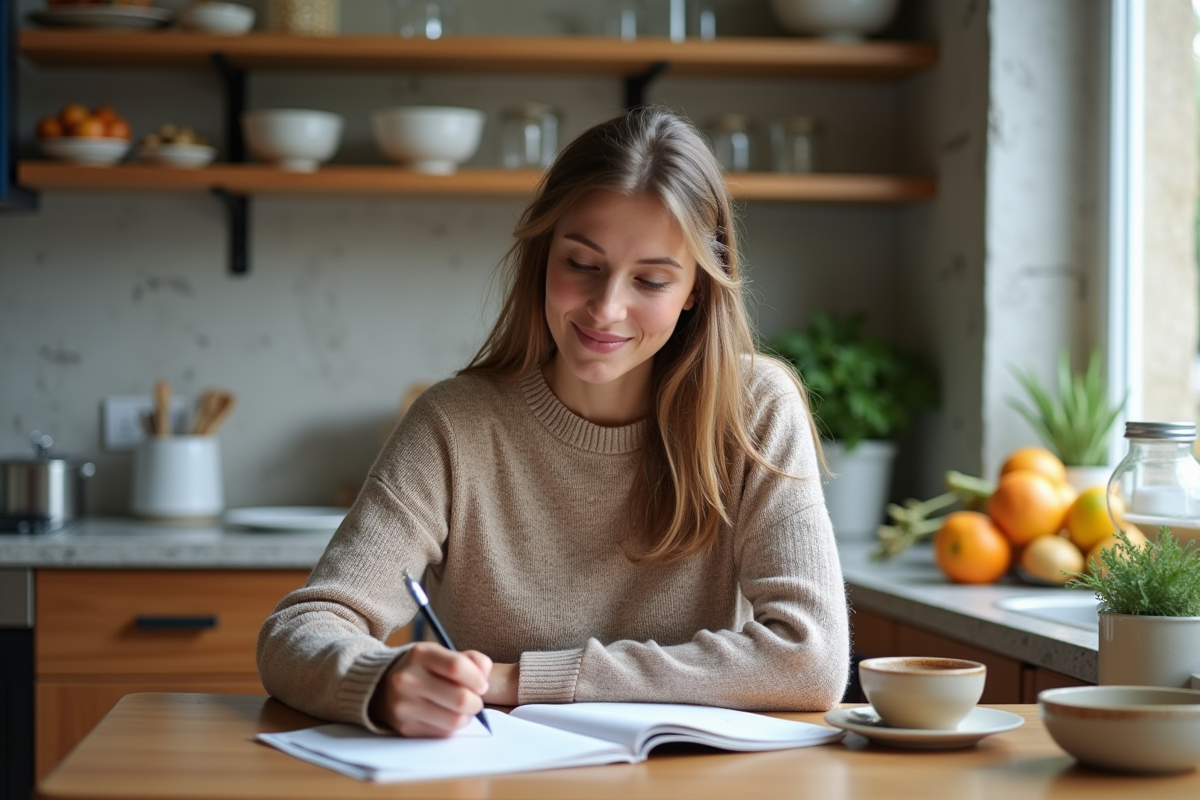 Femme en cuisine écrivant dans son journal sur le régime de 3 jours
