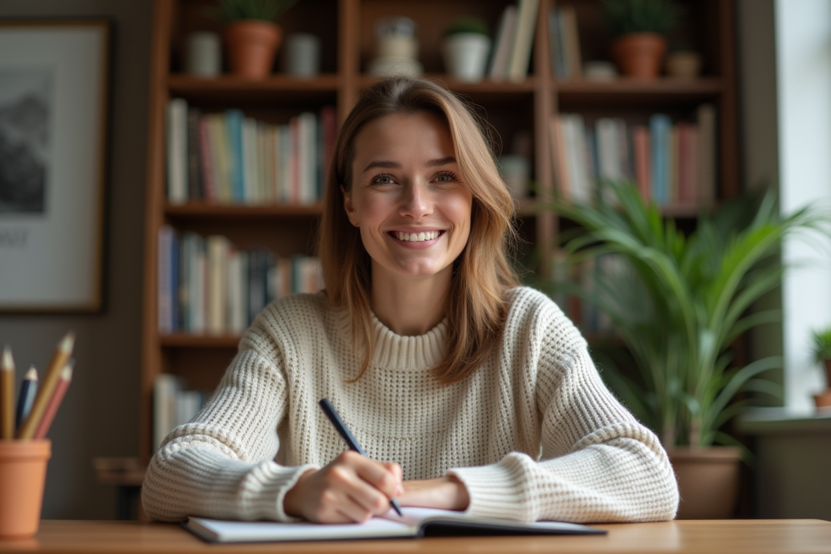 Femme en journalisant dans un bureau à domicile chaleureux