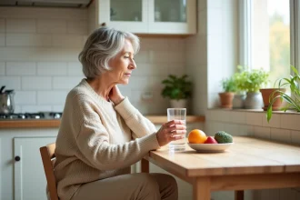 Femme méditative dans la cuisine lumineuse et chaleureuse