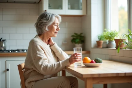 Femme méditative dans la cuisine lumineuse et chaleureuse