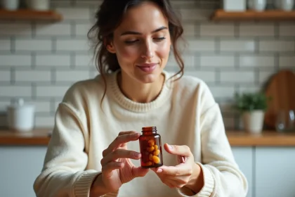 Femme lisant attentivement l'étiquette d'un flacon de compléments alimentaires en gummies dans sa cuisine, illustrant les erreurs courantes lors d'une cure de bien-être