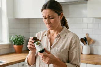 Femme lisant l'étiquette d'un complément phytothérapeutique dans une cuisine moderne, illustrant la question de confiance envers 123 phyto santé