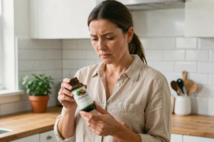 Femme lisant l'étiquette d'un complément phytothérapeutique dans une cuisine moderne, illustrant la question de confiance envers 123 phyto santé