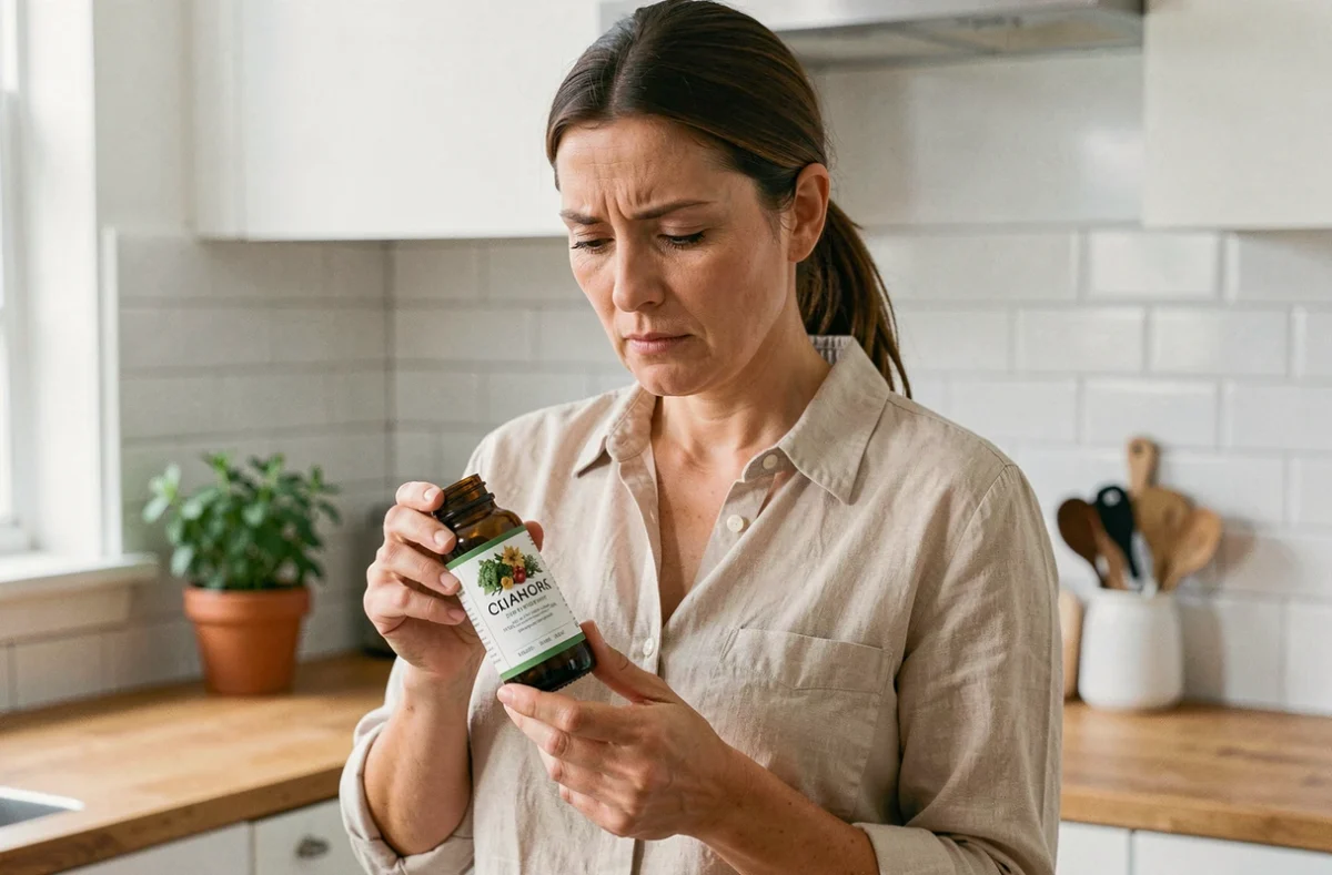 Femme lisant l'étiquette d'un complément phytothérapeutique dans une cuisine moderne, illustrant la question de confiance envers 123 phyto santé