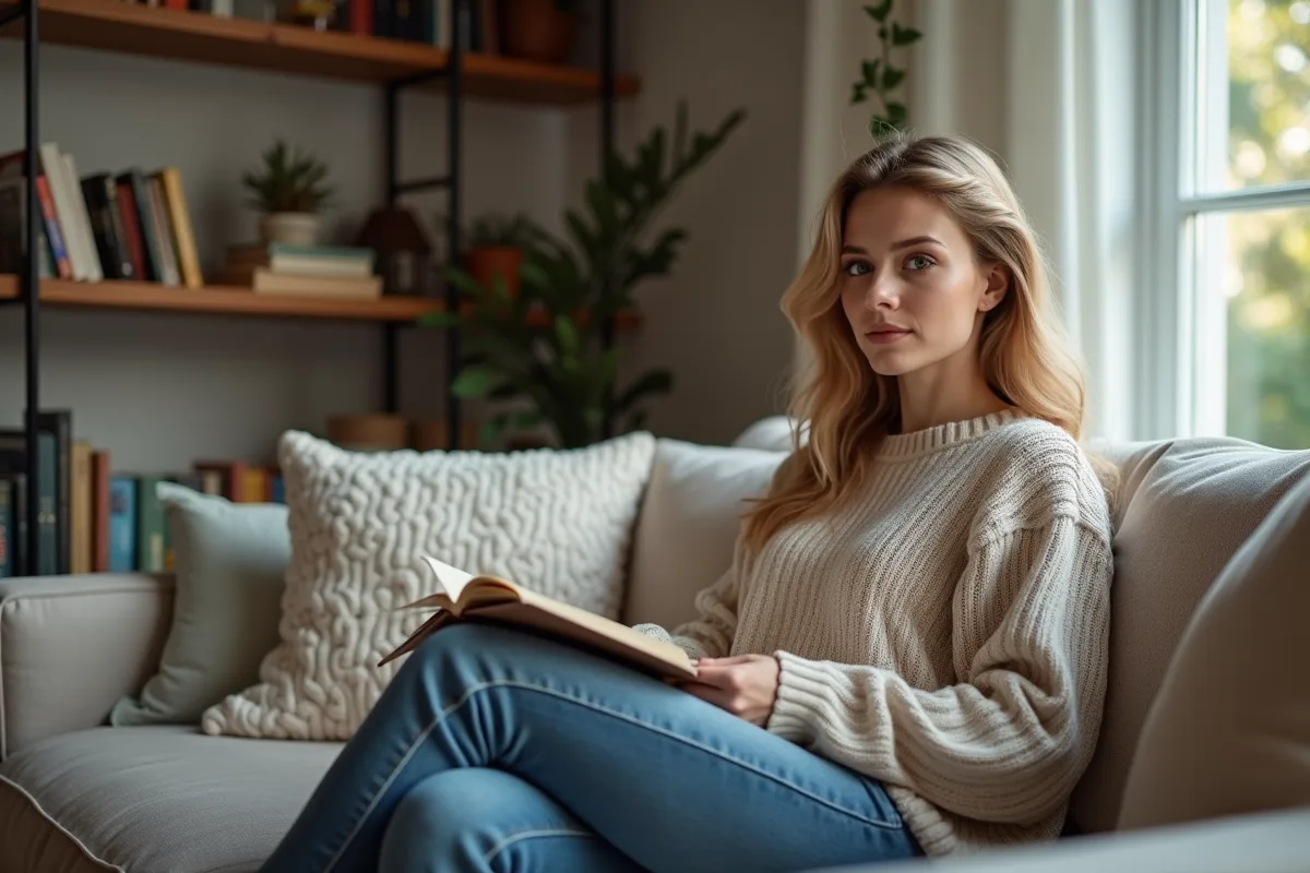 Femme assise sur un canapé dans un appartement cosy avec un journal