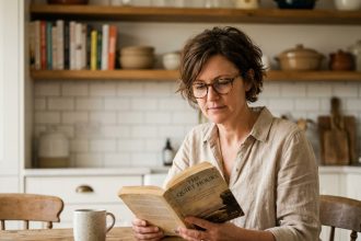 Femme portant des lunettes rectangulaires en écaille lisant un livre à la cuisine, illustrant le confort au quotidien grâce aux lunettes correctrices