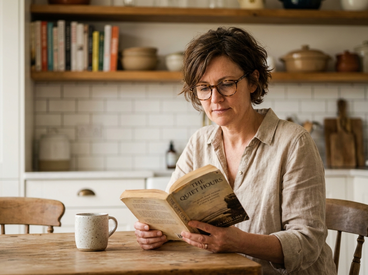 Femme portant des lunettes rectangulaires en écaille lisant un livre à la cuisine, illustrant le confort au quotidien grâce aux lunettes correctrices