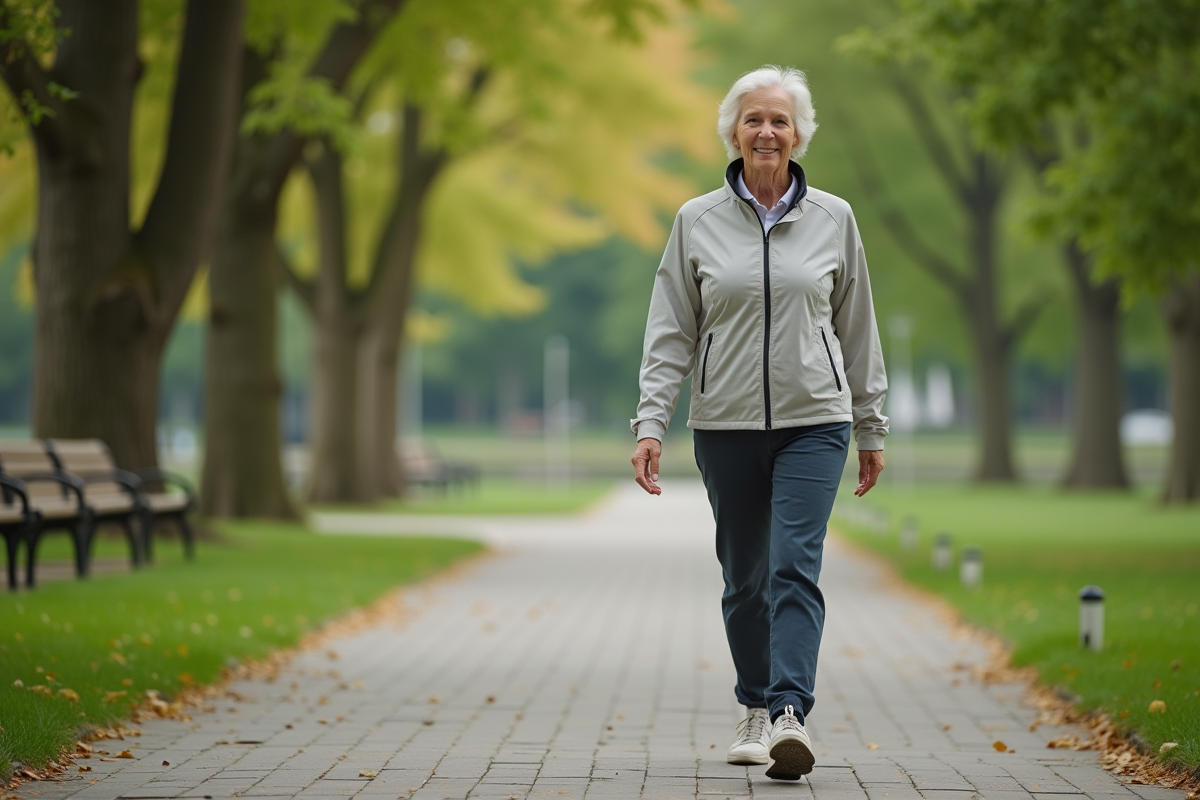 Femme active marchant dans un parc verdoyant