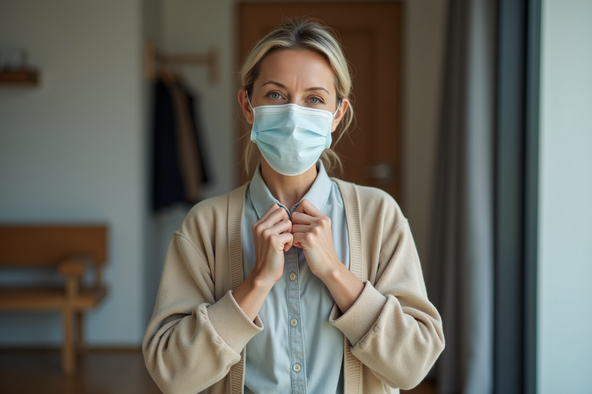 Femme d'âge moyen mettant un masque réutilisable dans un intérieur moderne