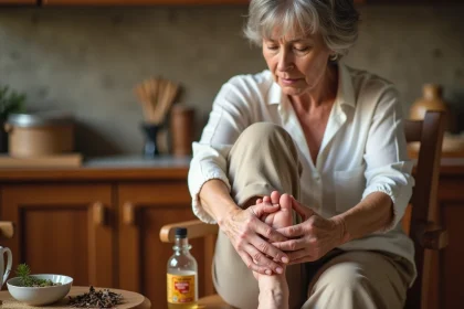 Femme massant son talon douloureux avec un remède naturel maison contre l'épine calcanéenne