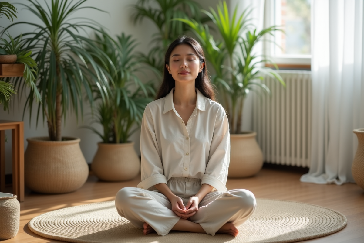 Femme assise en méditation dans un espace calme intérieur