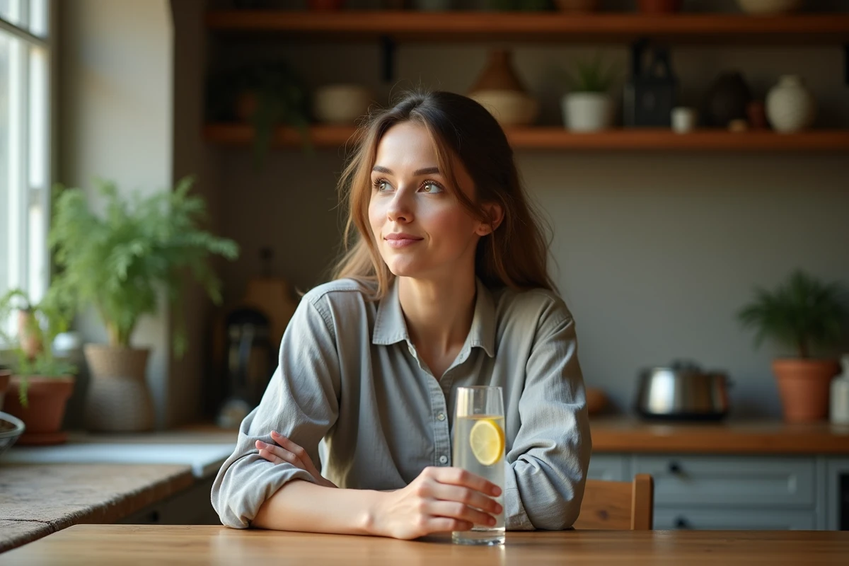 Femme sereine tenant un verre d'eau citronnée dans une cuisine en bois, illustrant un mois sans alcool et ses effets sur le bien-être mental