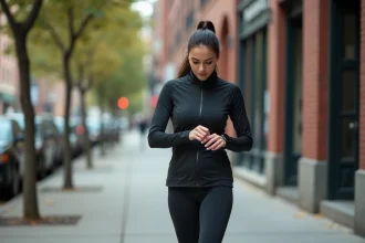 Femme en tenue de sport vérifiant son nombre de pas sur une montre connectée en marchant sur un trottoir urbain