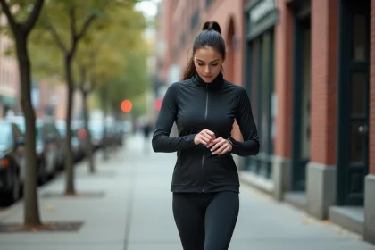 Femme en tenue de sport vérifiant son nombre de pas sur une montre connectée en marchant sur un trottoir urbain