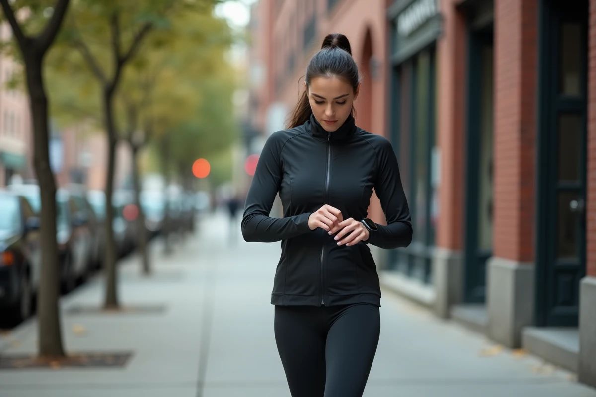 Femme en tenue de sport vérifiant son nombre de pas sur une montre connectée en marchant sur un trottoir urbain