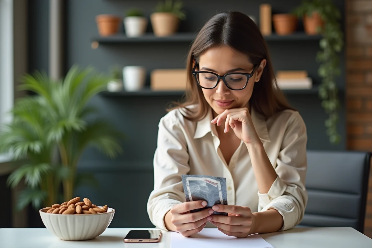 Femme vérifiant l'information nutritionnelle des amandes