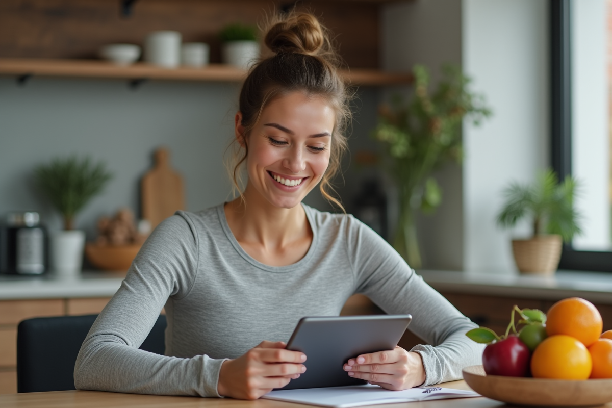 Femme souriante lisant un plan nutritionnel sur tablette