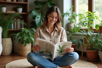 Femme assise parmi des plantes en intérieur dans un salon naturel