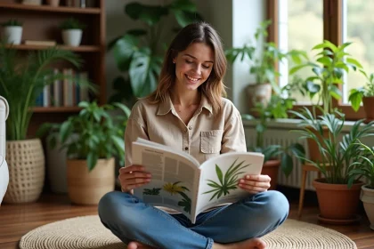 Femme assise parmi des plantes en intérieur dans un salon naturel