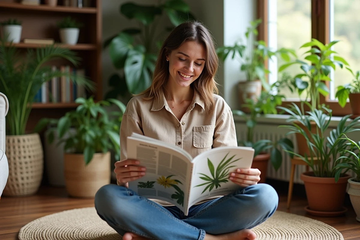 Femme assise parmi des plantes en intérieur dans un salon naturel