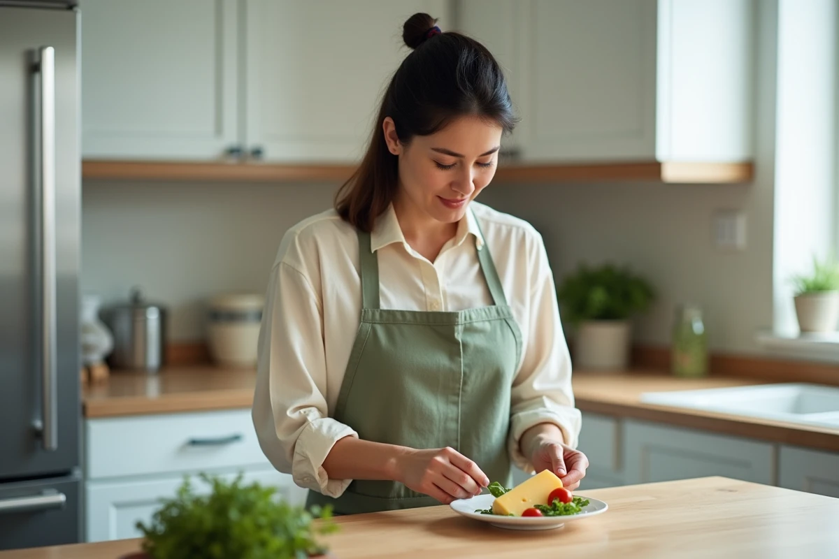 Femme préparant une assiette de comté et légumes frais dans une cuisine moderne, repas sain pour diabétique