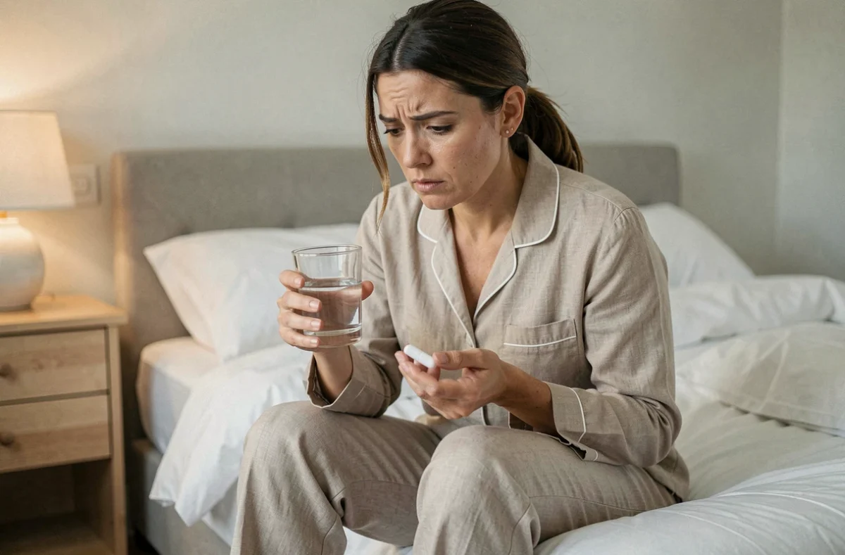 Femme prenant un comprimé de cortisone le matin et s'interrogeant sur l'efficacité du traitement