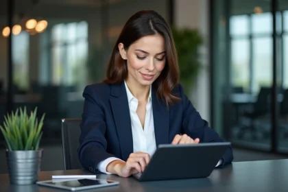Femme professionnelle utilisant une tablette dans un bureau moderne