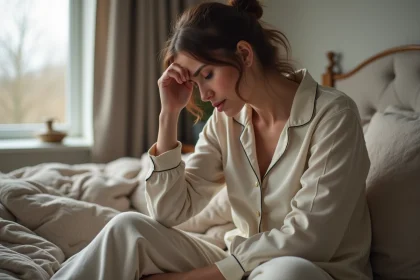 Femme en pyjamas assise sur le lit avec expression pensive
