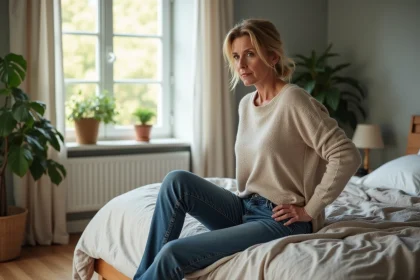 Femme d'âge moyen assise sur le lit dans une chambre lumineuse