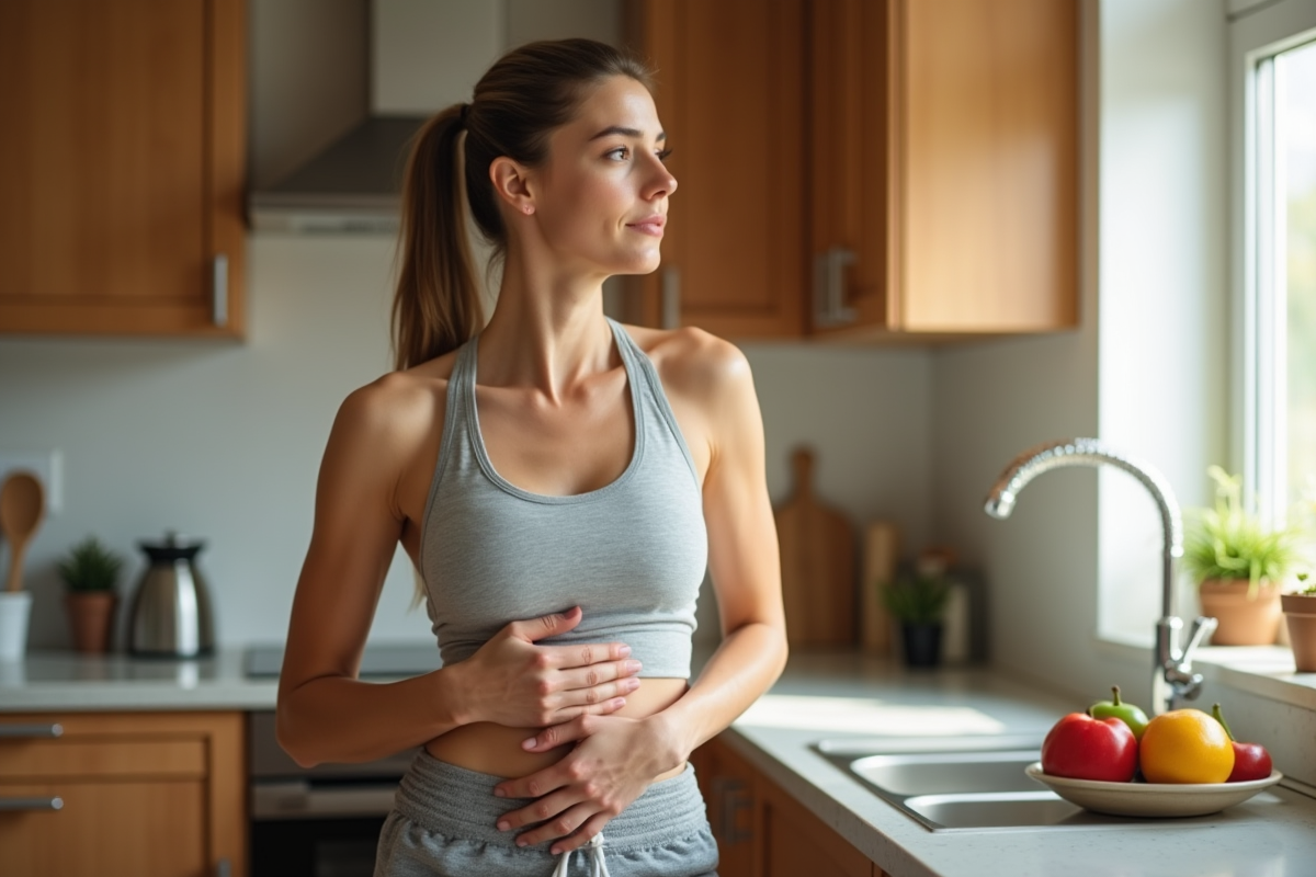 Femme d'âge moyen touchant son ventre dans une cuisine lumineuse
