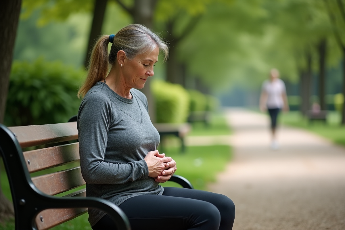 Femme âgée assise sur un banc dans un parc verdoyant