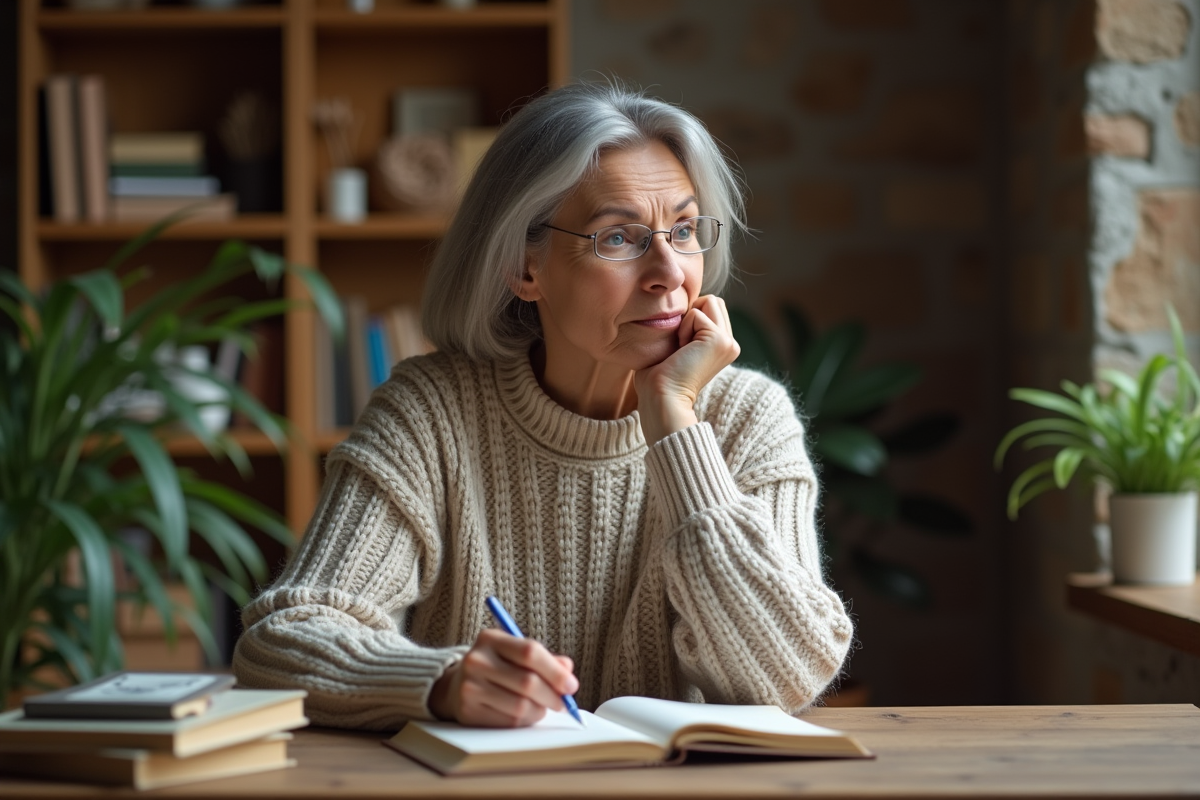 Femme méditative lisant un journal dans un intérieur chaleureux