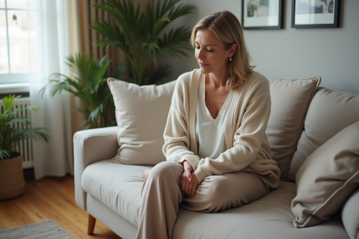 Femme d'âge moyen se relaxant à la maison en loungewear