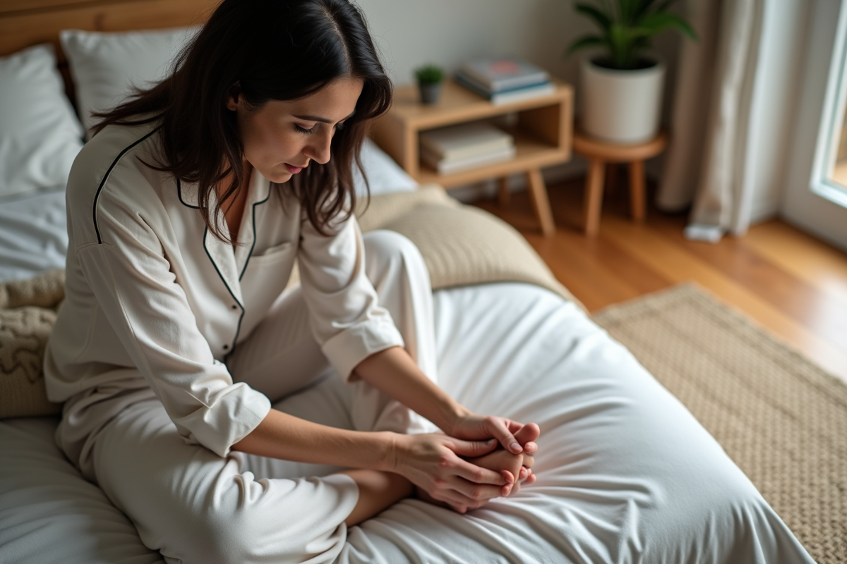 Femme détendue massant son pied dans un lit cosy