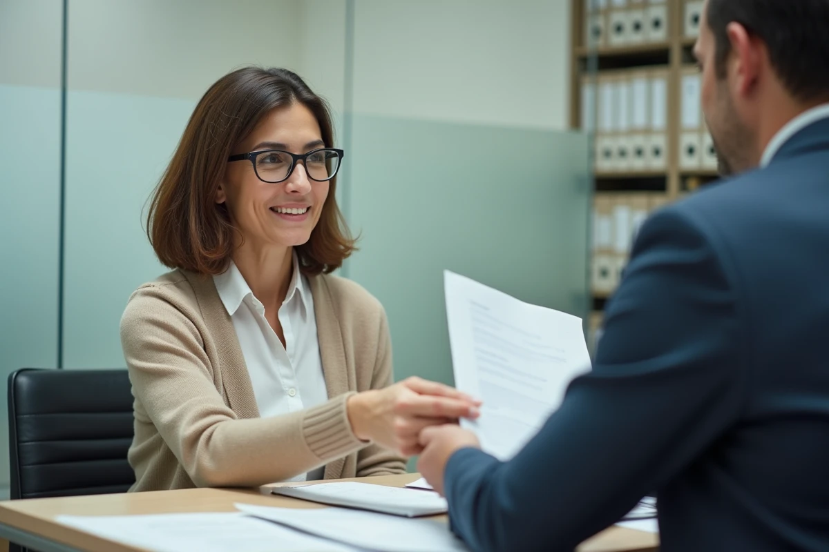 Femme remettant un dossier à un agent administratif